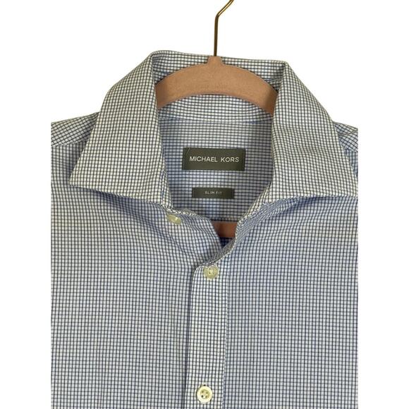 Mens Michael Kors Slim Fit Button Up Blue & White Gingham Collar Dress Shirt M - Picture 2 of 7